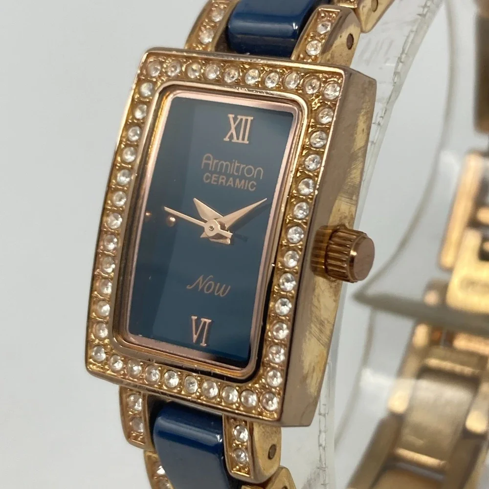 Armitron Tank Watch Women 17mm Rose Gold Tone Navy Ceramic Bling New Batt 6.75
